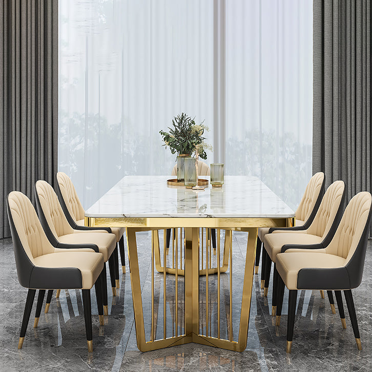 Minimalist Style Sintered Stone Dining Table with Fixed Table and Double Pedestal Base