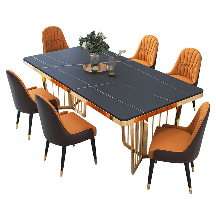 Minimalist Style Sintered Stone Dining Table with Fixed Table and Double Pedestal Base