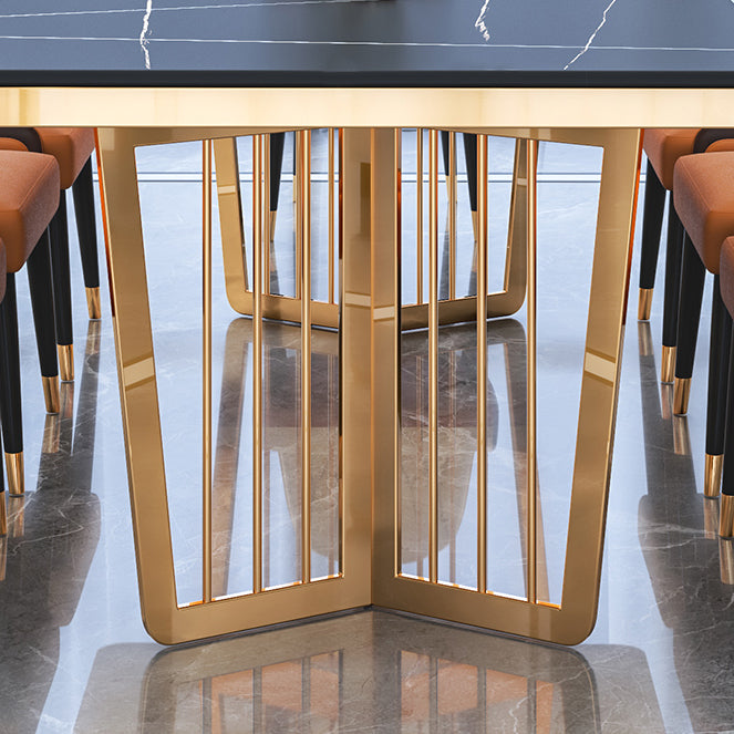 Minimalist Style Sintered Stone Dining Table with Fixed Table and Double Pedestal Base