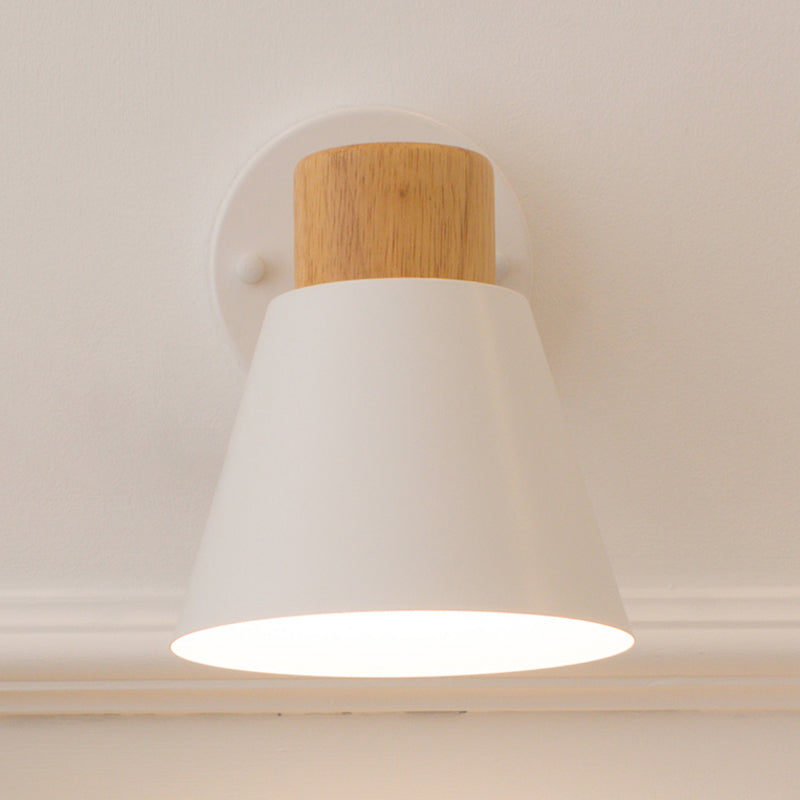 Modernism Conical Sconce Metal 1 Bulb Wall Mount Light Fixture in White with Wood Cap
