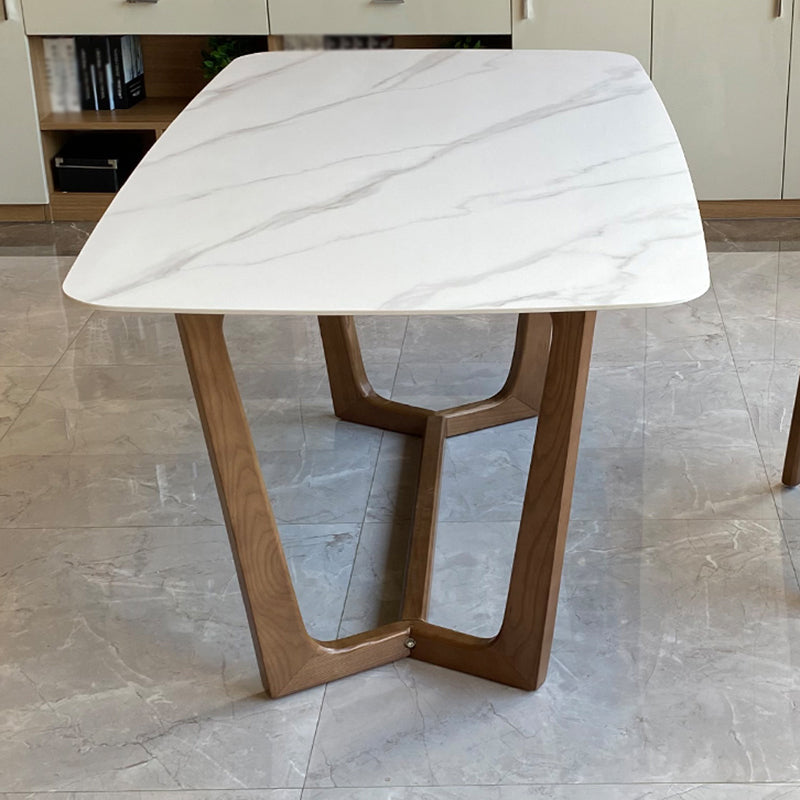 Contemporary Style White Slate Dining Table Rectangular Formal Dinette Set with Wood Base