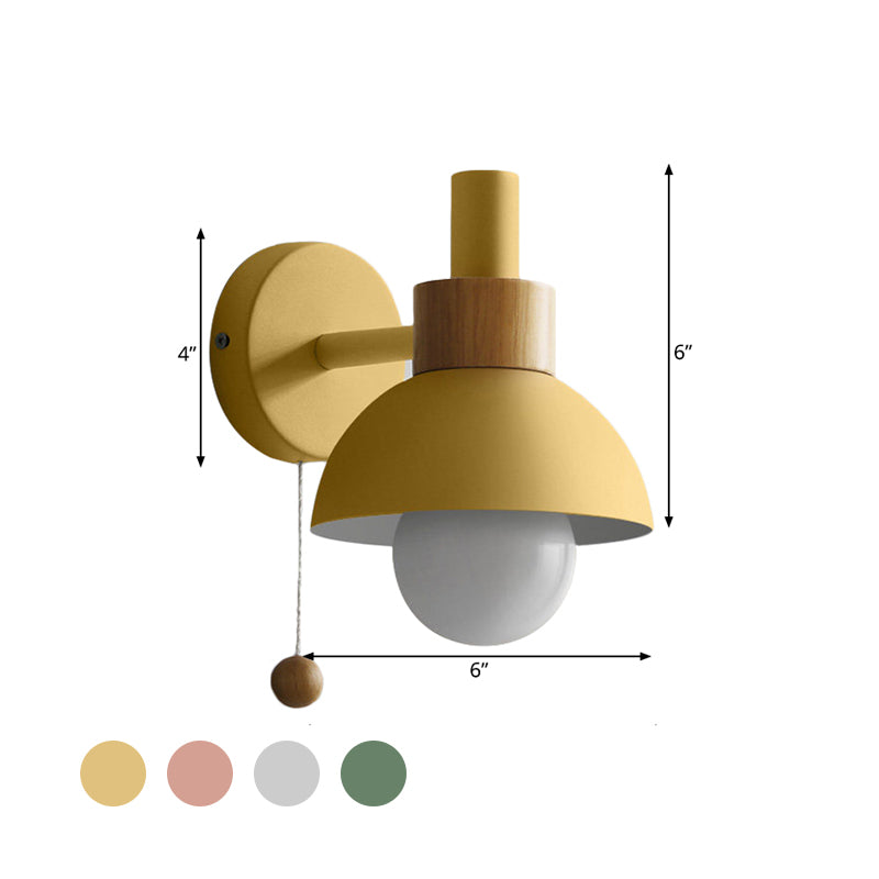 1 Head Bedside Wall Lamp Macaron White/Pink/Yellow Sconce Light Fixture with Domed Metal Shade