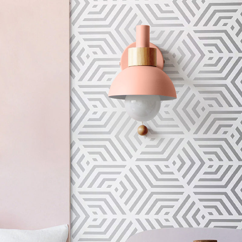 1 Head Bedside Wall Lamp Macaron White/Pink/Yellow Sconce Light Fixture with Domed Metal Shade