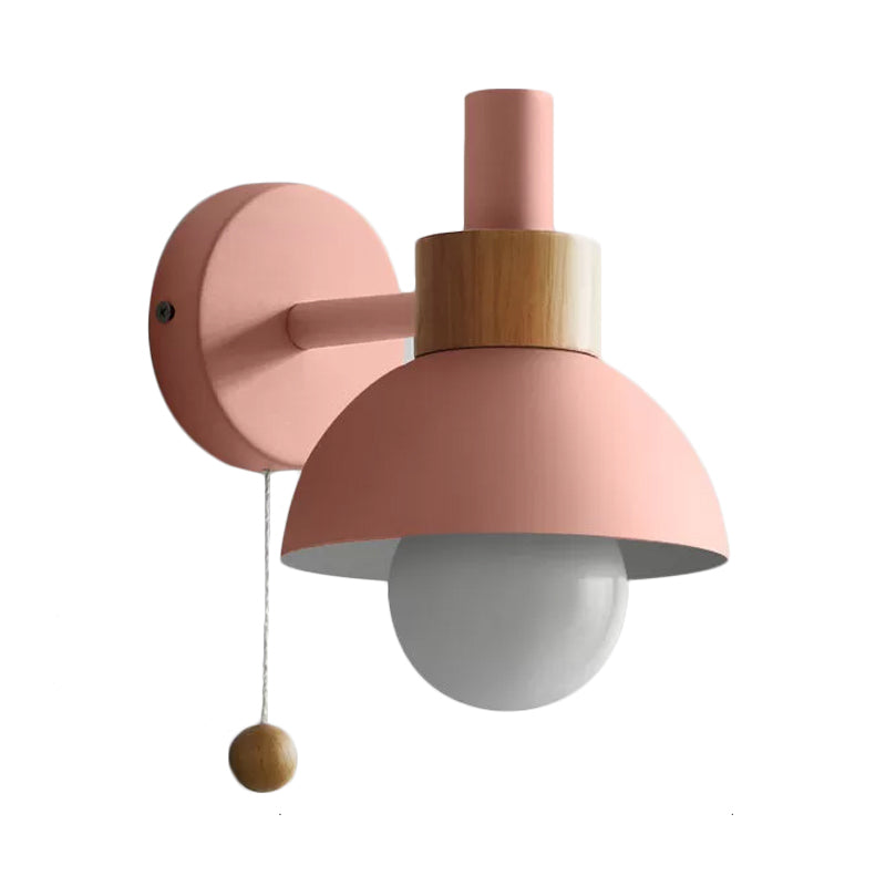 1 Head Bedside Wall Lamp Macaron White/Pink/Yellow Sconce Light Fixture with Domed Metal Shade