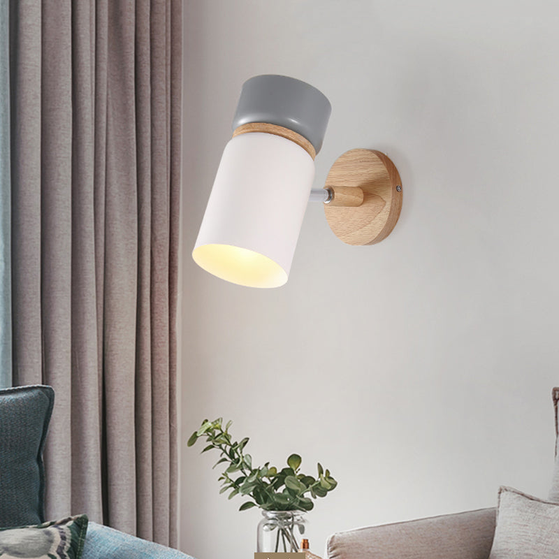 1 Bulb Cylinder Sconce Light Modern Metal Wall Mounted Lighting in Grey/White with Round Wood Backplate