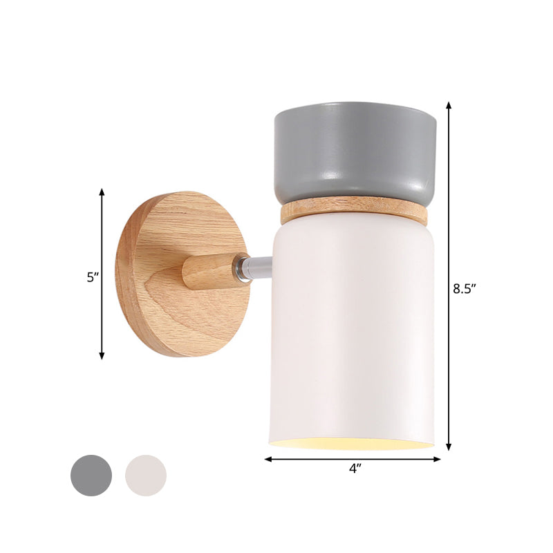 1 Bulb Cylinder Sconce Light Modern Metal Wall Mounted Lighting in Grey/White with Round Wood Backplate