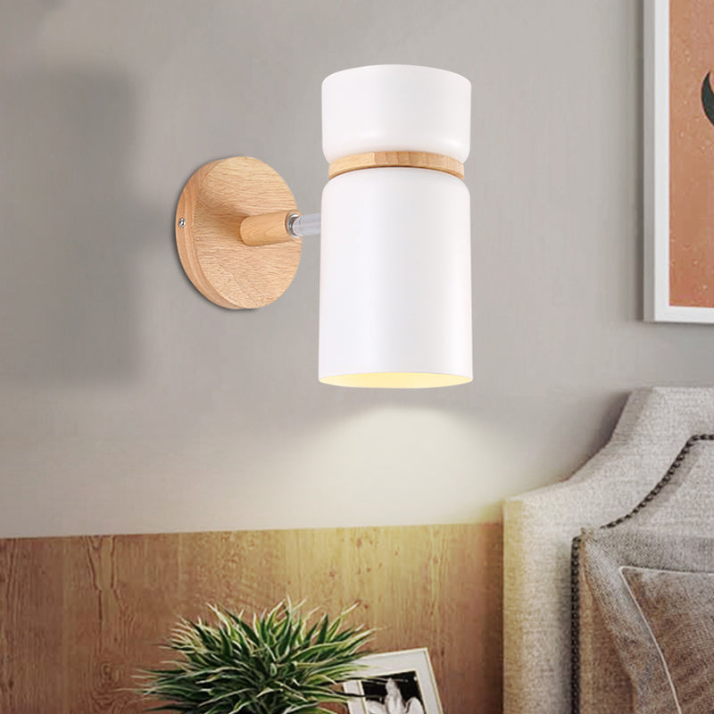 1 Bulb Cylinder Sconce Light Modern Metal Wall Mounted Lighting in Grey/White with Round Wood Backplate