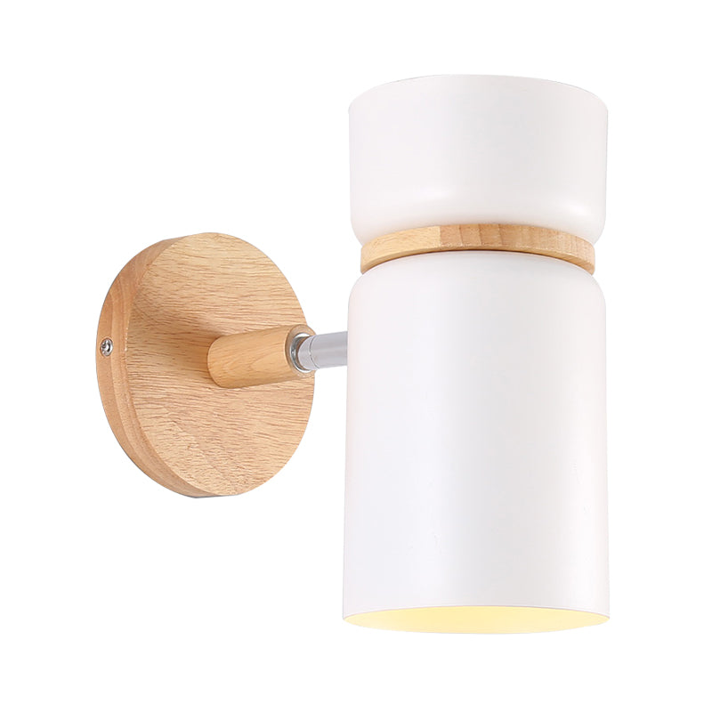 1 Bulb Cylinder Sconce Light Modern Metal Wall Mounted Lighting in Grey/White with Round Wood Backplate