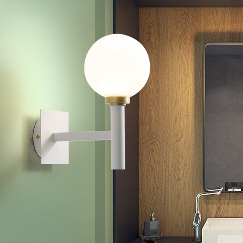 Metal Armed Wall Lamp Minimalist 1 Bulb White Sconce Light Fixture with Opal Glass Shade