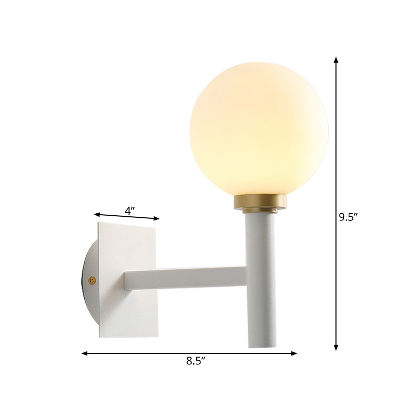 Metal Armed Wall Lamp Minimalist 1 Bulb White Sconce Light Fixture with Opal Glass Shade