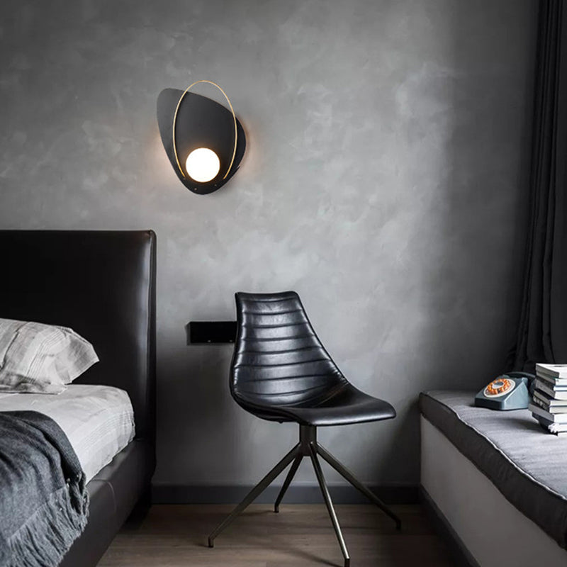 Black Triangular Wall Lamp Minimalism 1 Head Metal Sconce Light Fixture with White Glass Shade