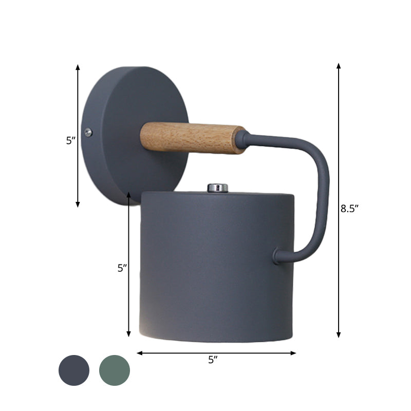 Cylinder Metal Sconce Light Modernisme 1 Bulbe Gris / Green Mur Mound Mouted avec bras incurvé