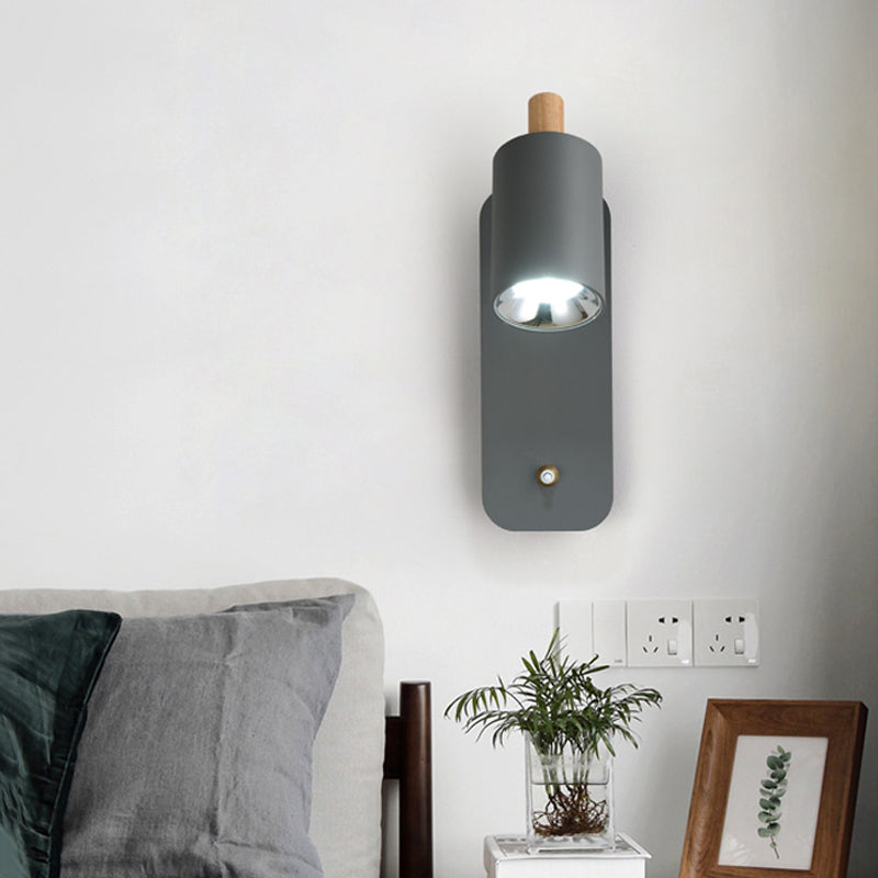 Éclairage de paroi cylindrique Métalmat minimaliste 1 tête blanc / gris d'approche luminaire avec capuchon en bois