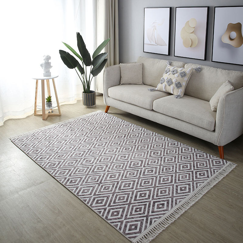 Stylish Grey Geometric Pattern Area Rug Polyester Fringe Area Carpet Stain Resistant Rug for Bedroom