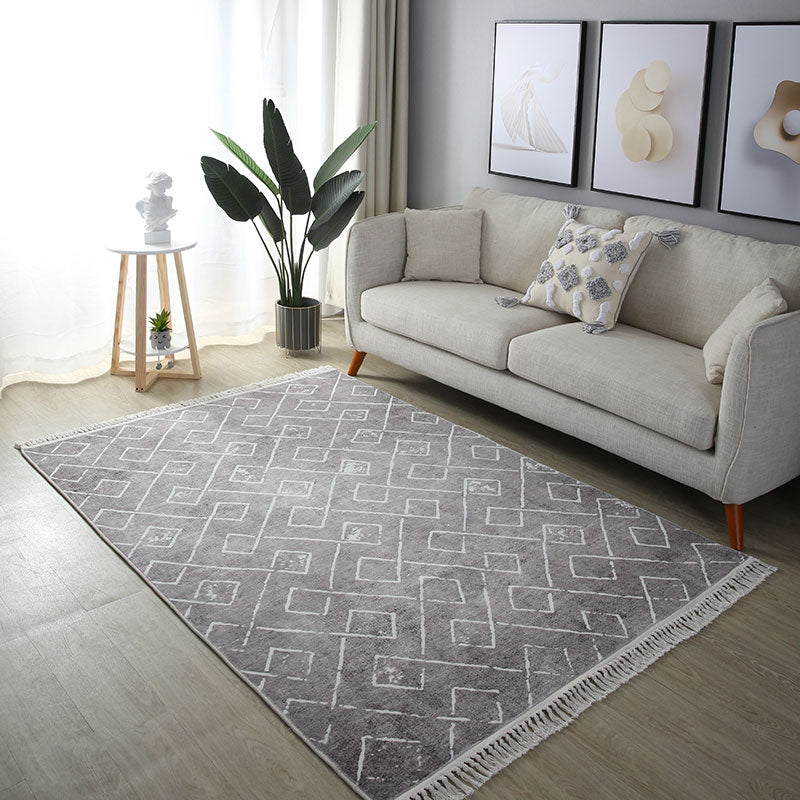 Stylish Grey Geometric Pattern Area Rug Polyester Fringe Area Carpet Stain Resistant Rug for Bedroom