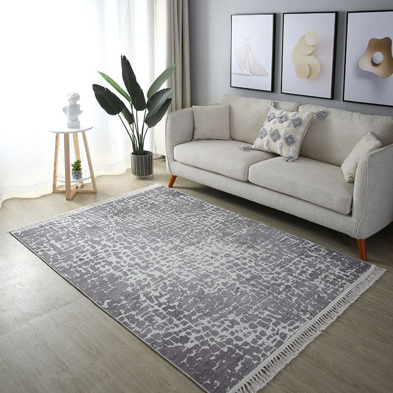 Stylish Grey Geometric Pattern Area Rug Polyester Fringe Area Carpet Stain Resistant Rug for Bedroom