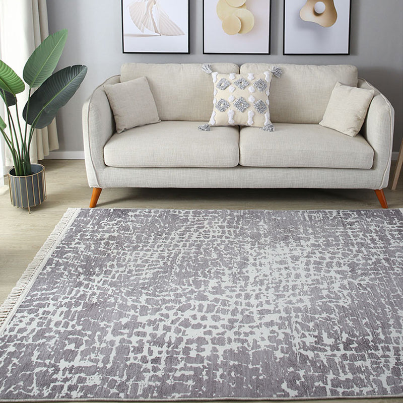 Stylish Grey Geometric Pattern Area Rug Polyester Fringe Area Carpet Stain Resistant Rug for Bedroom