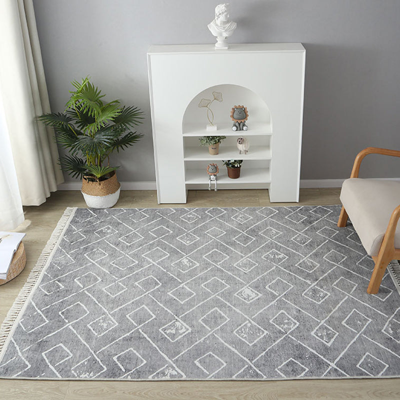 Stylish Grey Geometric Pattern Area Rug Polyester Fringe Area Carpet Stain Resistant Rug for Bedroom