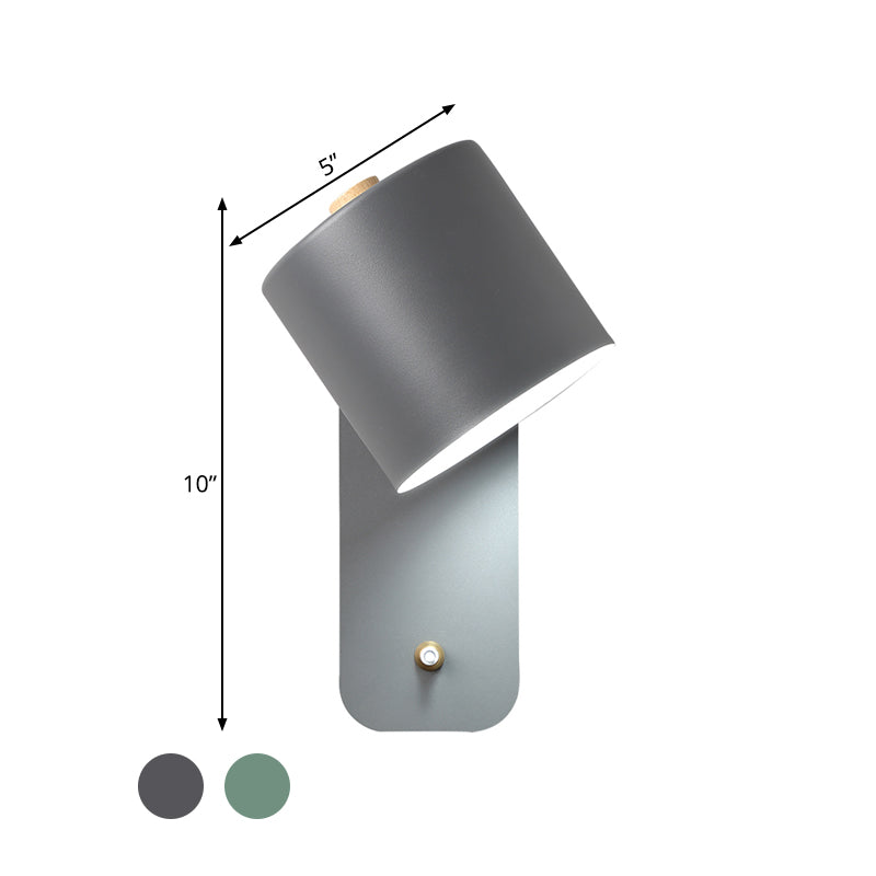 1 Bulb Tube Sconce Modernist Metal Wall Lighting Fixture in Grey/Green with Ractangle Backplate