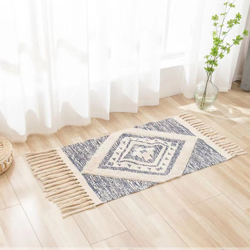 Retro Cotton Blend Area Carpet Tribal Print Indoor Rug Fringe Rug for Home Decoration