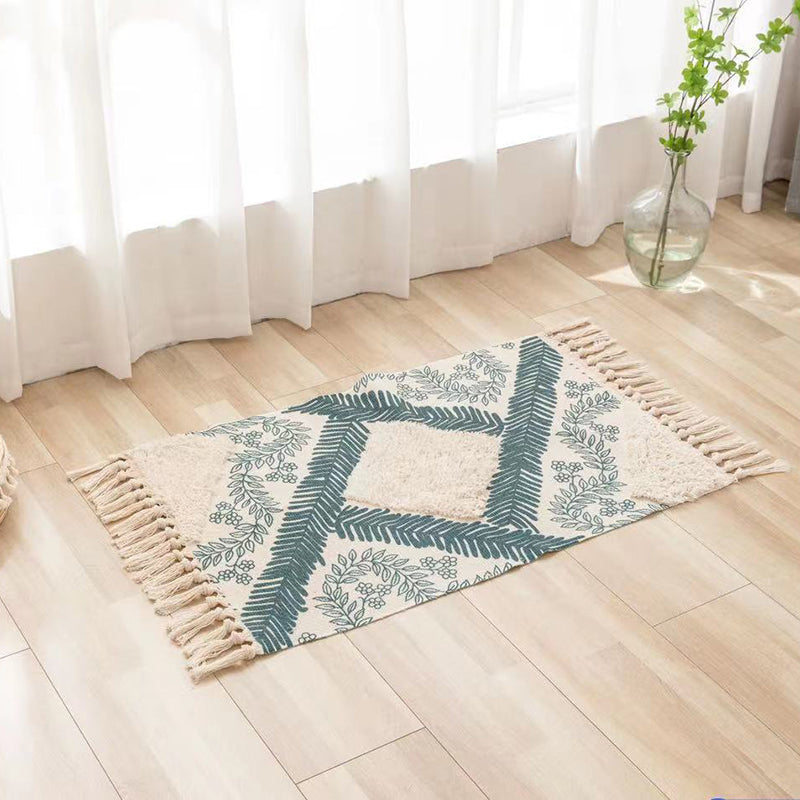 Retro Cotton Blend Area Carpet Tribal Print Indoor Rug Fringe Rug for Home Decoration