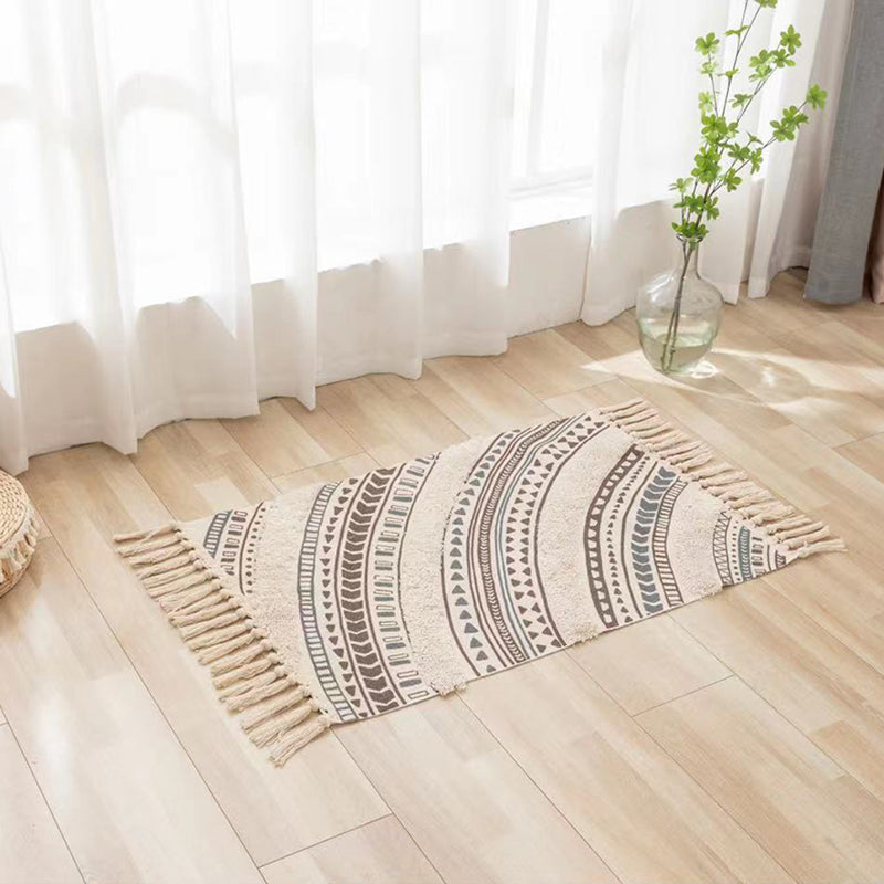 Retro Cotton Blend Area Carpet Tribal Print Indoor Rug Fringe Rug for Home Decoration