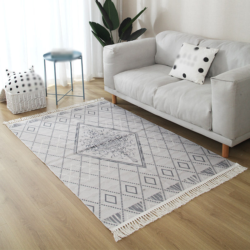 Grey Geometric Pattern Area Rug Polyester Area Carpet Fringe Easy Care Rug for Living Room