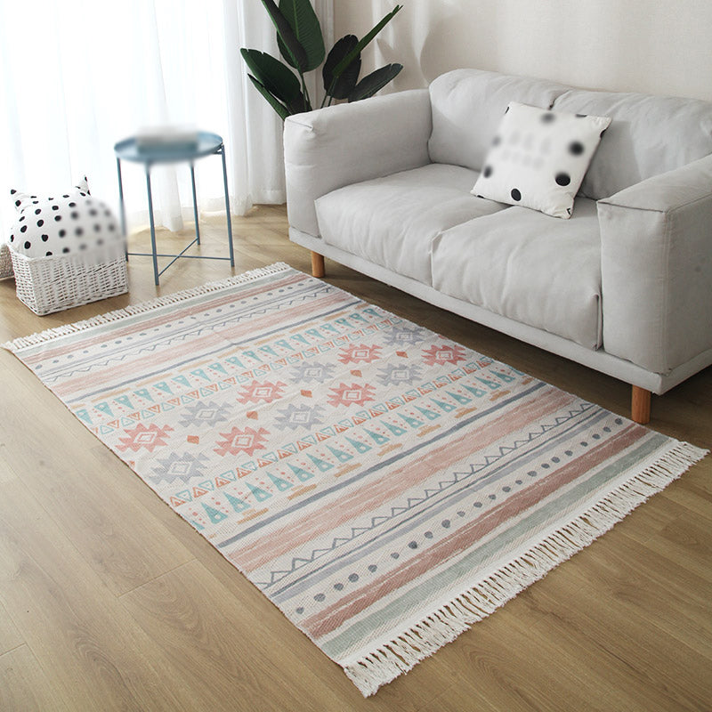 Grey Geometric Pattern Area Rug Polyester Area Carpet Fringe Easy Care Rug for Living Room