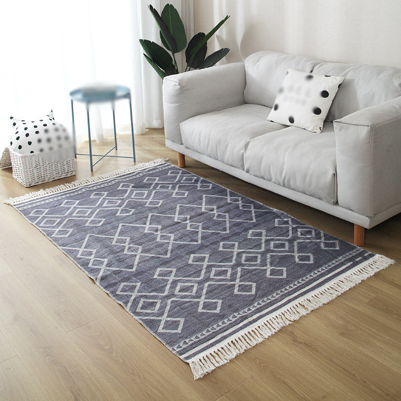 Grey Geometric Pattern Area Rug Polyester Area Carpet Fringe Easy Care Rug for Living Room