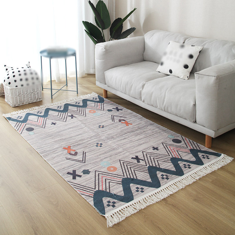 Grey Geometric Pattern Area Rug Polyester Area Carpet Fringe Easy Care Rug for Living Room