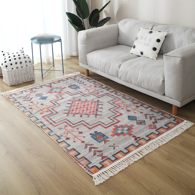 Grey Geometric Pattern Area Rug Polyester Area Carpet Fringe Easy Care Rug for Living Room