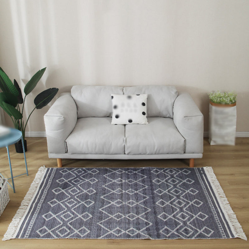 Grey Geometric Pattern Area Rug Polyester Area Carpet Fringe Easy Care Rug for Living Room