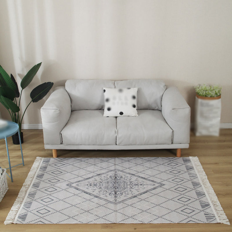 Grey Geometric Pattern Area Rug Polyester Area Carpet Fringe Easy Care Rug for Living Room