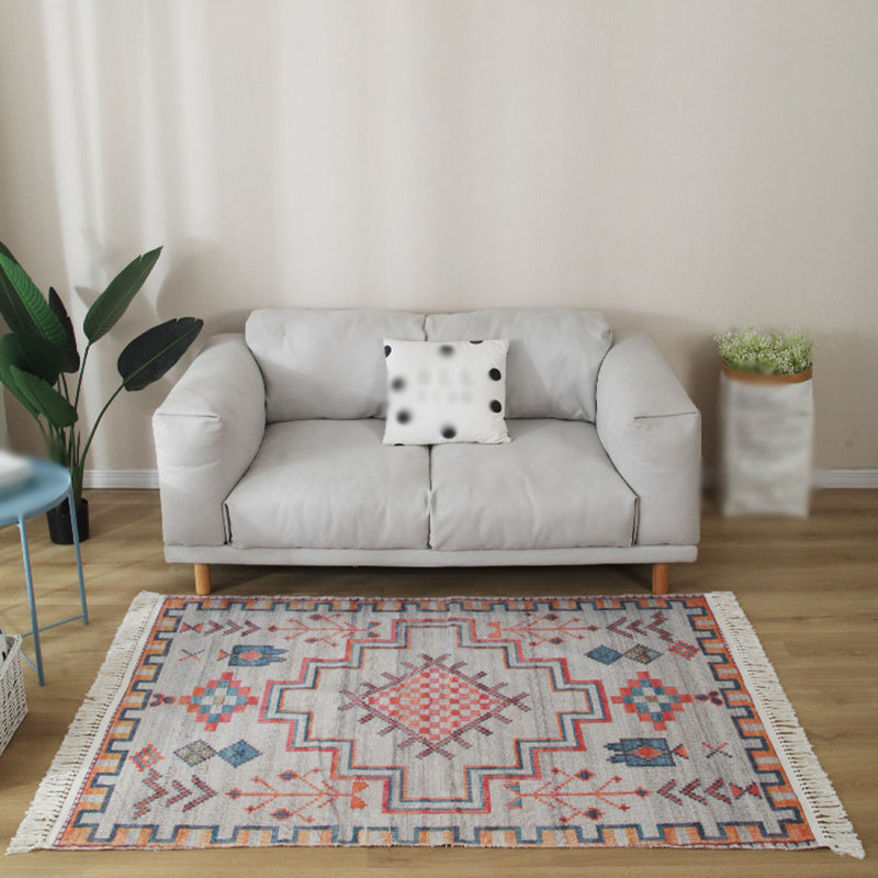 Grey Geometric Pattern Area Rug Polyester Area Carpet Fringe Easy Care Rug for Living Room