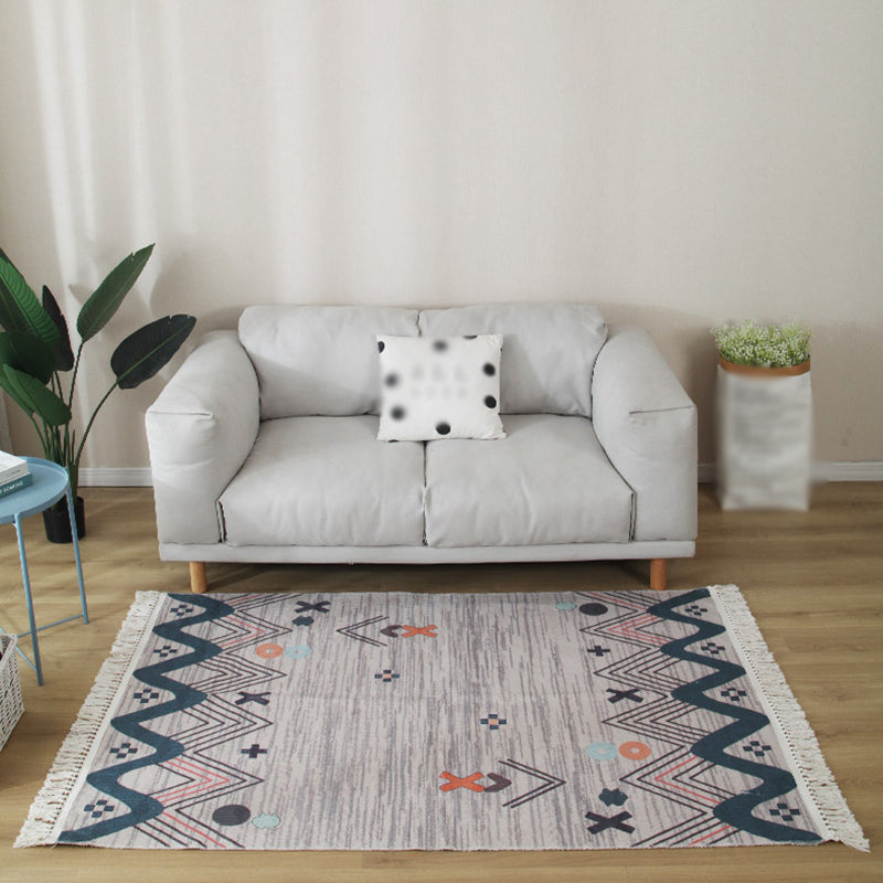 Grey Geometric Pattern Area Rug Polyester Area Carpet Fringe Easy Care Rug for Living Room