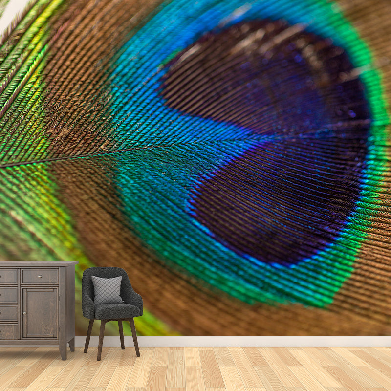 Photography Style Peacock Feather Mural Wallpaper Moisture Resistant for Sitting Room