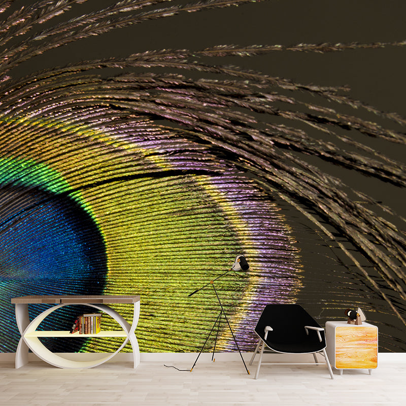 Photography Style Peacock Feather Mural Wallpaper Moisture Resistant for Sitting Room