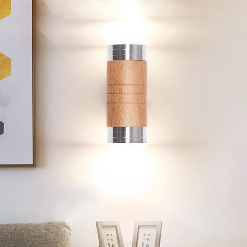 Cylinder Wooden Wall Sconce Light Asian 1 Bulb Chrome LED Wall Lighting for Living Room