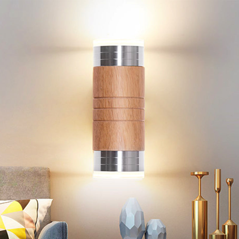 Cylinder Wooden Wall Sconce Light Asian 1 Bulb Chrome LED Wall Lighting for Living Room