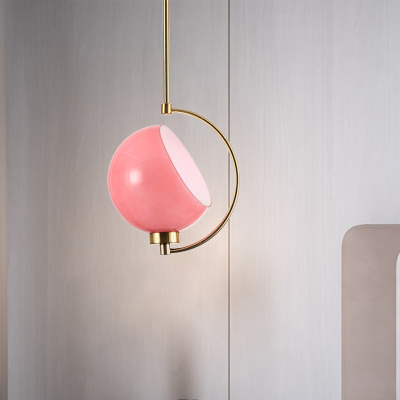 Metal Dome Pendant Light Fixture Modernism 1 Bulb Pink Down Lighting for Bedroom