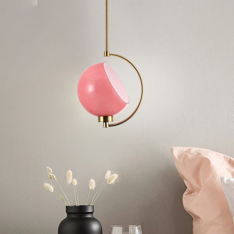 Metal Dome Pendant Light Fixture Modernism 1 Bulb Pink Down Lighting for Bedroom