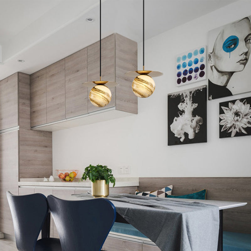 Contemporary Sphere Suspension Pendant Frosted Glass 1 Bulb LED Kitchen Ceiling Light in Gold