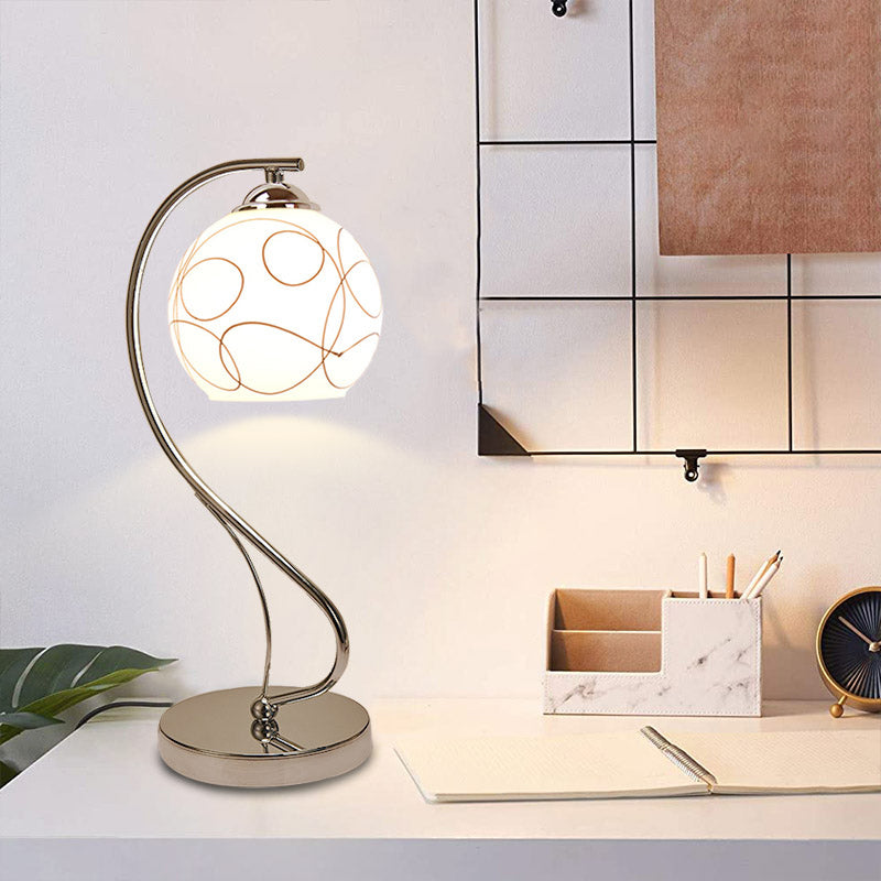 Chrome Gooseneck Table Lamp Minimalist 1-Light Metal Nightstand Light with Ball White Glass Shade