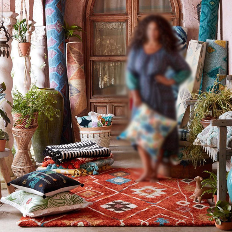 Red Bohemian Area Rug Polyester Americana Pattern Area Carpet Non-Slip Backing Rug for Home Decor