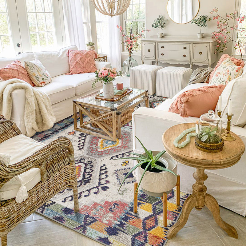 Chic Blue Morocco Rug Tribal Print Polyester Area Carpet Easy Care Washable Rug for Living Room