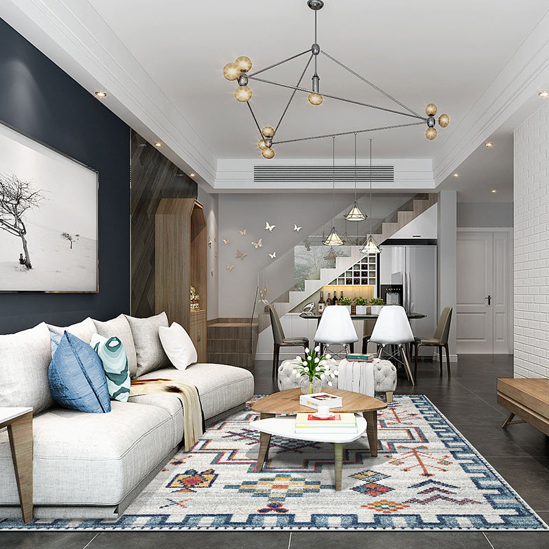 Chic Blue Morocco Rug Tribal Print Polyester Area Carpet Easy Care Washable Rug for Living Room