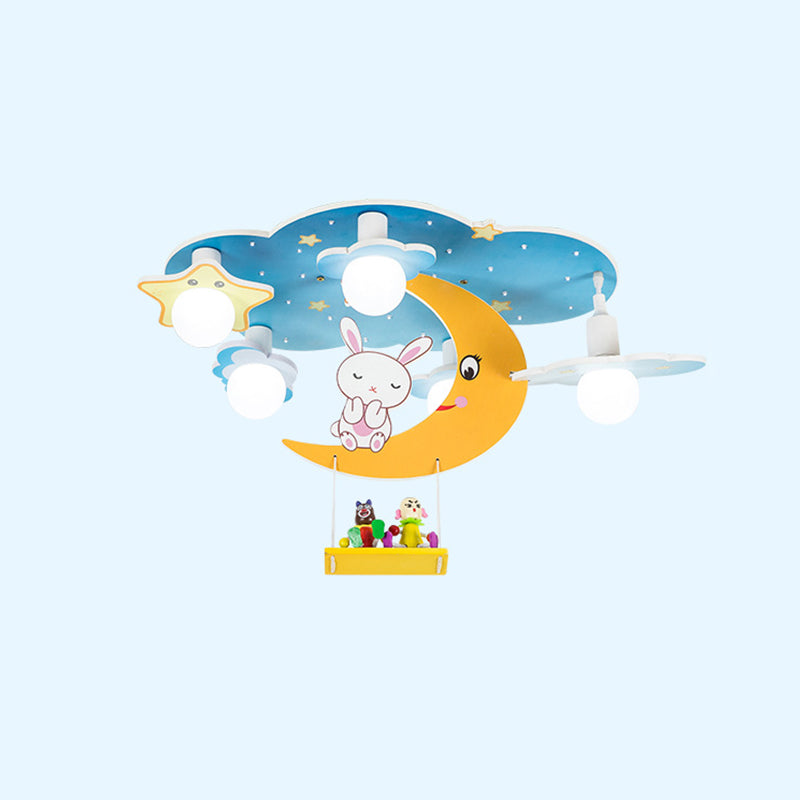 Plafonnier Blue Sky pour enfants, plafonnier en bois à 5 lumières de style créatif avec abat-jour en verre