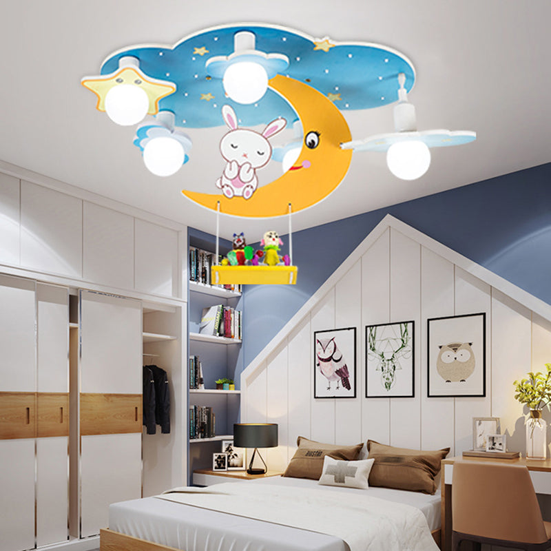 Plafonnier Blue Sky pour enfants, plafonnier en bois à 5 lumières de style créatif avec abat-jour en verre