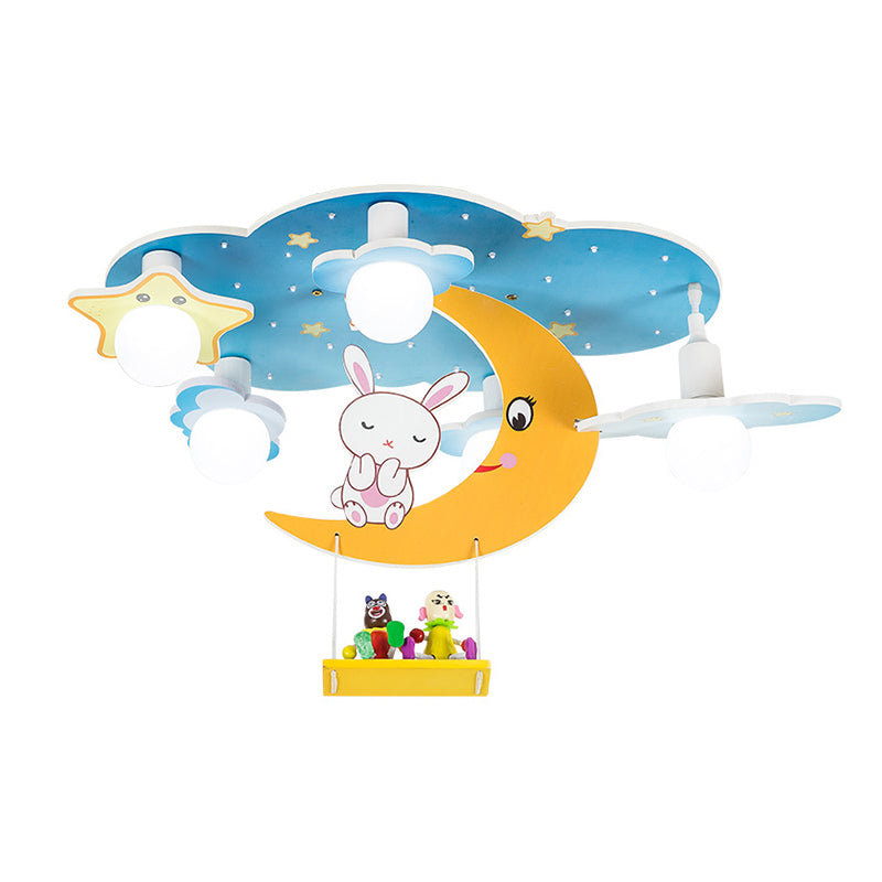 Plafonnier Blue Sky pour enfants, plafonnier en bois à 5 lumières de style créatif avec abat-jour en verre