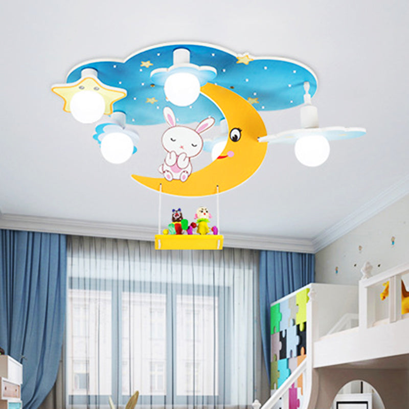 Plafonnier Blue Sky pour enfants, plafonnier en bois à 5 lumières de style créatif avec abat-jour en verre